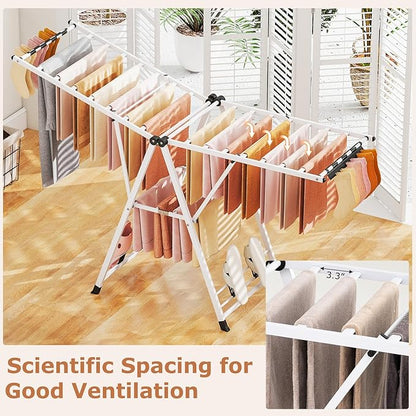 Giantex Clothes Drying Rack, Foldable Metal Laundry Drying Rack with Height Adjustable Wings, 16 Drying Rails, Sock Clips & Shoe Racks, Freestanding Clothing Stand for Indoor & Outdoor, White