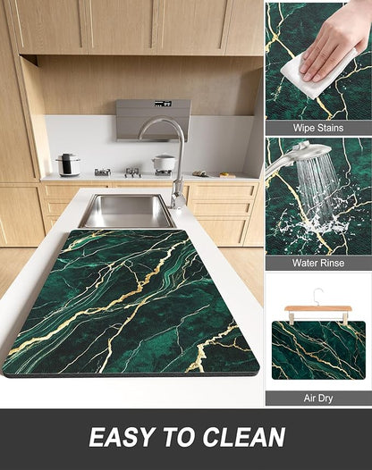 Rnivvi Dish Drying Mat for Kitchen Counter, 12 x 19" Cute Marble Super Absorbent Draining Pad, Non-Slip Heat Resistant Coffee Bar Mats for Coffee Machine Station Accessories, Green Gold Dish Rack Pad