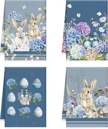 Easter Kitchen Towels Set of 4, Bunny and Hydrangea Dish Towels Gifts for Cooking Cleaning, Eggs and Flower Hand Towels with Hanging Loop for Bathroom Home Decor