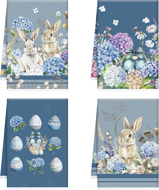 Easter Kitchen Towels Set of 4, Bunny and Hydrangea Dish Towels Gifts for Cooking Cleaning, Eggs and Flower Hand Towels with Hanging Loop for Bathroom Home Decor