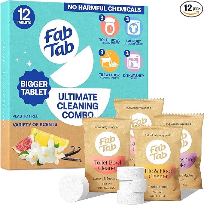 Fab Tab - Household Cleaning Tablets - 100% Plastic Free, 12 Tablets. Power Clean Toilet, Dishes, Laundry & Floors (3 tablets) Enzyme Powered, No Harmful Chemicals, Tough on Dirt, Safe for Kids & Pets