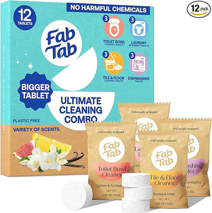 Fab Tab - Household Cleaning Tablets - 100% Plastic Free, 12 Tablets. Power Clean Toilet, Dishes, Laundry & Floors (3 tablets) Enzyme Powered, No Harmful Chemicals, Tough on Dirt, Safe for Kids & Pets