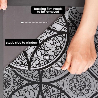 DKTIE Boho Stained Glass Look Window Privacy Film with Installation Tools, Decorative Frosted Glass Window Film Static Cling No Glue Removable, Pure Black, 35.4" x 78.7"