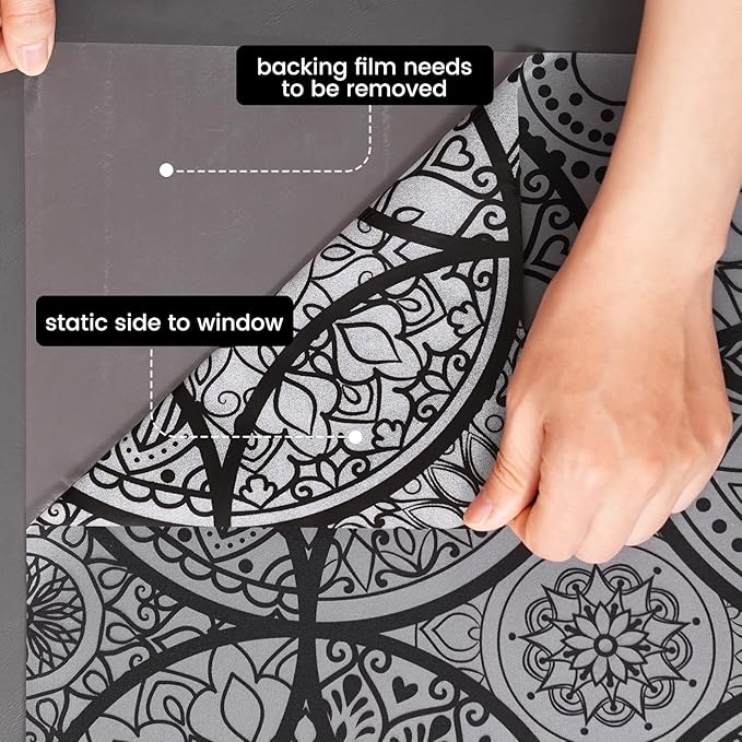 DKTIE Boho Stained Glass Look Window Privacy Film with Installation Tools, Decorative Frosted Glass Window Film Static Cling No Glue Removable, Pure Black, 17.7" x 118.1"