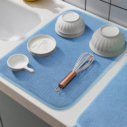 GeeRic Microfiber Dish Drying Mat, Super Absorbent Kitchen Dish Drying Pad for Mother's Day, Reversible Gift Mats for Countertop, 12 * 16 inch Blue