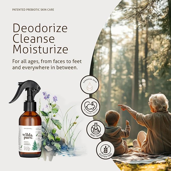 Wild & Pure Sensitive Skin Spray Body Wash (4oz) | Cleanser, Deodorizer, Moisturizer for Face, Hands, Body & Below the Belt | pH-Balanced, Microbiome-Friendly | EcoBalance Refillable Skincare