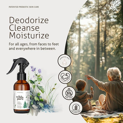Wild & Pure Sensitive Skin Spray Body Wash (4oz) | Cleanser, Deodorizer, Moisturizer for Face, Hands, Body & Below the Belt | pH-Balanced, Microbiome-Friendly | EcoBalance Refillable Skincare