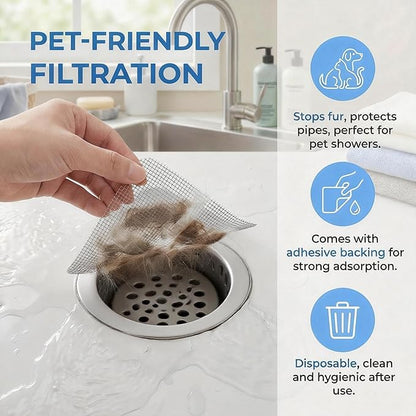 Disposable Shower Drain Hair Catcher 30 Pack, Waterproof Peel and Stick Mesh Drain Strainer Stickers for Shower, Bathtub, Bathroom Sink, Laundry and Tub Drains — Hair Trap Clog Prevention