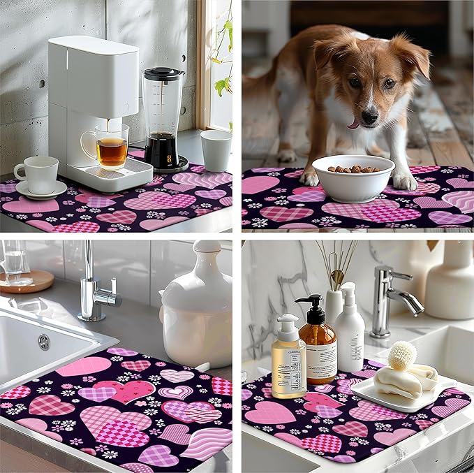 Valentine Pink Love Heart Dish Drying Mat for Kitchen Counter - Happy Valentine's Day Microfiber Pad 18x24 Inch Absorbent Drainer Large Dryer Kitchen Accessories
