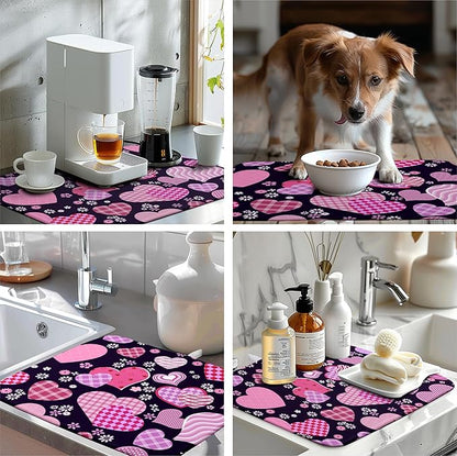 Valentine Pink Love Heart Dish Drying Mat for Kitchen Counter - Happy Valentine's Day Microfiber Pad 18x24 Inch Absorbent Drainer Large Dryer Kitchen Accessories