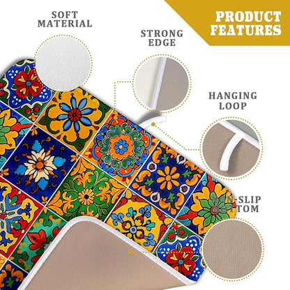 Mexican Tiles Dish Drying Mat for Kitchen Counter Absorbent Microfiber Dish Drying Pad Kitchen Gadgets Multi-use