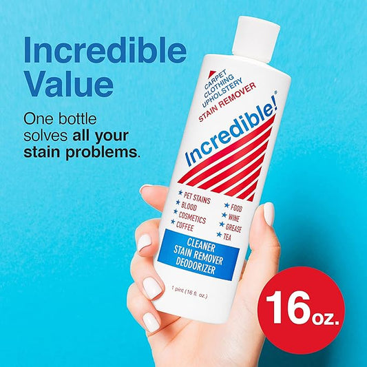 Incredible! Stain Remover - Stain Remover for Clothes, Laundry, Carpets, Mattress & Upholstery, Removes Most Household Stains - Pet Stains, Urine, Odors, Red Wine, Cosmetics & Coffee! 16.oz