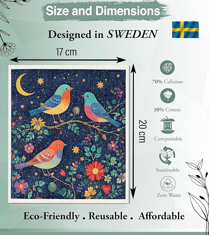 10 PCS Birds Print Swedish Dishcloths for Kitchen 100% Biodegradabl, Reusable Cellulose Sponge Cloth, Ultra Absorbent, Eco Friendly Cleaning Towels | Dishcloths for Washing Dishes & General Cleaning