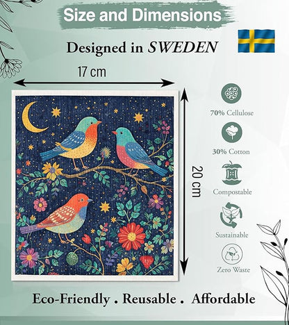 10 PCS Birds Print Swedish Dishcloths for Kitchen 100% Biodegradabl, Reusable Cellulose Sponge Cloth, Ultra Absorbent, Eco Friendly Cleaning Towels | Dishcloths for Washing Dishes & General Cleaning