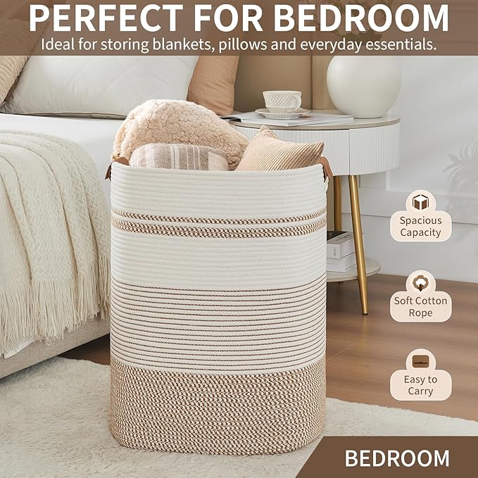 Laundry Basket with Handles - Blanket Basket & Hampers for Bedroom Aesthetic, Laundry Hamper & Blanket Storage for Living Room, Clothes Hamper, Tall, Large 17" x 14" x 22”, Brown & White