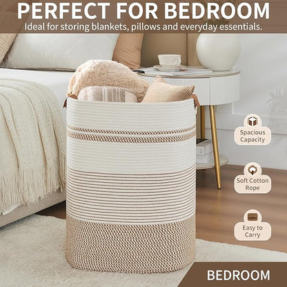 Laundry Basket with Handles - Blanket Basket & Hampers for Bedroom Aesthetic, Laundry Hamper & Blanket Storage for Living Room, Clothes Hamper, Tall, Large 17" x 14" x 22”, Brown & White