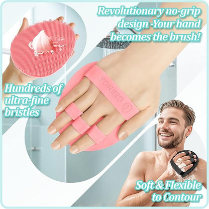 Upgrade Silicone Body Scrubber with Straps, 360° Anti-Slip & Enlarged Exfoliating Shower Scrubber for Rich Foaming Deep Cleaning, No-Grip & Hand-fit Bath Glove for All Skin Types(Black+Pink)