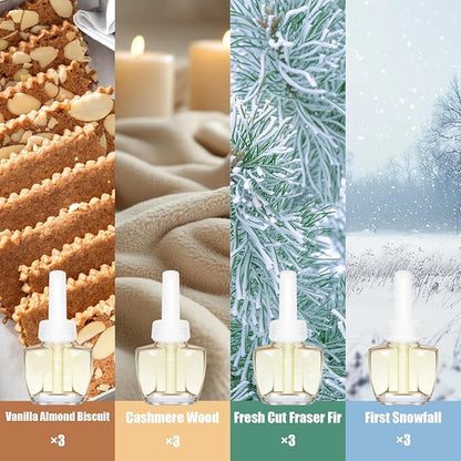 Plug In Refills, Vanilla Almond Biscuit, Cashmere Wood, Fresh Cut Fraser Fir, First Snowfall, for Home and Bathroom 7.92 Fl Oz, 12 Count, Compatible with Air Wick & Glade, Not Include Glade Plus