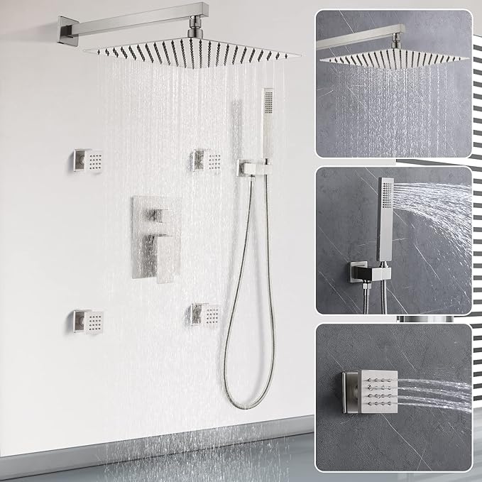 Enga Full Body Shower System with Body Sprays Jets, 12 Inch Rain Shower Wall Mounted, All Metal Multiple Shower Head System, Contain Rough-in Shower Valve, Brushed Nickel