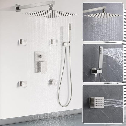 Enga Full Body Shower System with Body Sprays Jets, 12 Inch Rain Shower Wall Mounted, All Metal Multiple Shower Head System, Contain Rough-in Shower Valve, Brushed Nickel