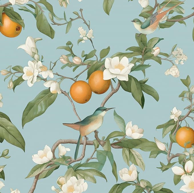 Laatse Blue Bird Wallpaper Peel and Stick, Vintage Floral Fruit Contact Paper 17.5" x 393.7", Self Adhesive Removable Waterproof Retro Wall Mural for Room Walls Shelves Cabinet Drawer Table Decor
