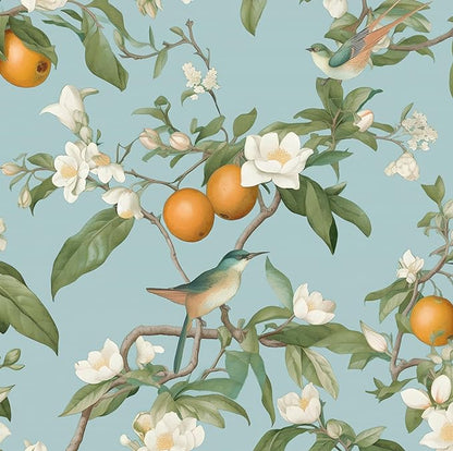 Laatse Blue Bird Wallpaper Peel and Stick, Vintage Floral Fruit Contact Paper 17.5" x 393.7", Self Adhesive Removable Waterproof Retro Wall Mural for Room Walls Shelves Cabinet Drawer Table Decor