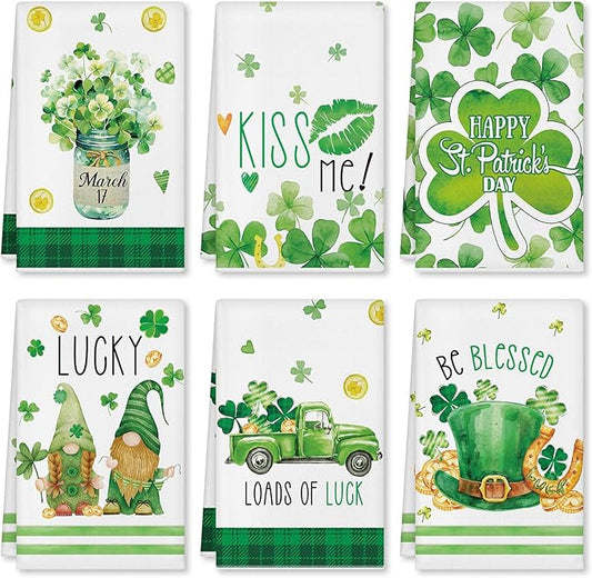 Zubebe 6 Pcs St. Patrick's Day Kitchen Towel Irish Lucky Shamrock Dish Towel Watercolor Gnome Hand Towels Reusable Tea Towel for Holiday Cooking Baking Drying Cleaning Wipes Home Decor, 18 x 28 Inch