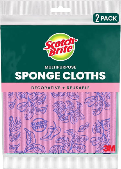 Scotch-Brite Sponge Cloths, Reusable, Absorbent, and Decorative Cleaning Towel, Dishwasher-Safe Wipes Ideal for Nonstick Cookware, Tile, Countertops, Mirrors, and Faucets, 2 Dish Towels