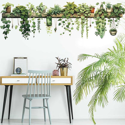 Nature Green Plants Peel and Stick Wall Decals Wallpaper, Removable Wall Decals Shelves Green Plants Vinyl Art Wall Stickers & Murals for Living Room Kitchen Bathroom Decoration (A-Green)