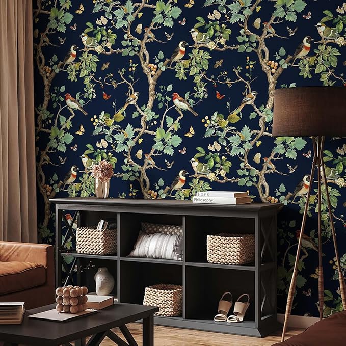 Nukofal Dark Bird Peel and Stick Wallpaper Vintage Floral Contact Paper 16.9inch x 118.1inch Dark Floral Wallpaper Peel and Stick Boho Self Adhesive Removable Wall Paper for Cabinets Bathroom Decor