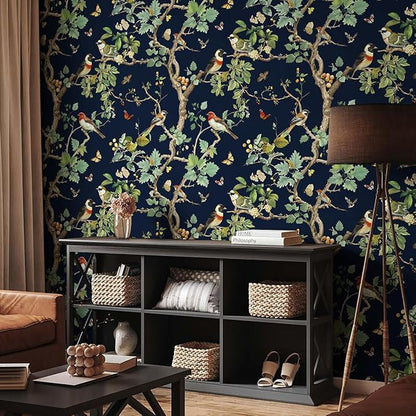 Nukofal Dark Bird Peel and Stick Wallpaper Vintage Floral Contact Paper 16.9inch x 118.1inch Dark Floral Wallpaper Peel and Stick Boho Self Adhesive Removable Wall Paper for Cabinets Bathroom Decor