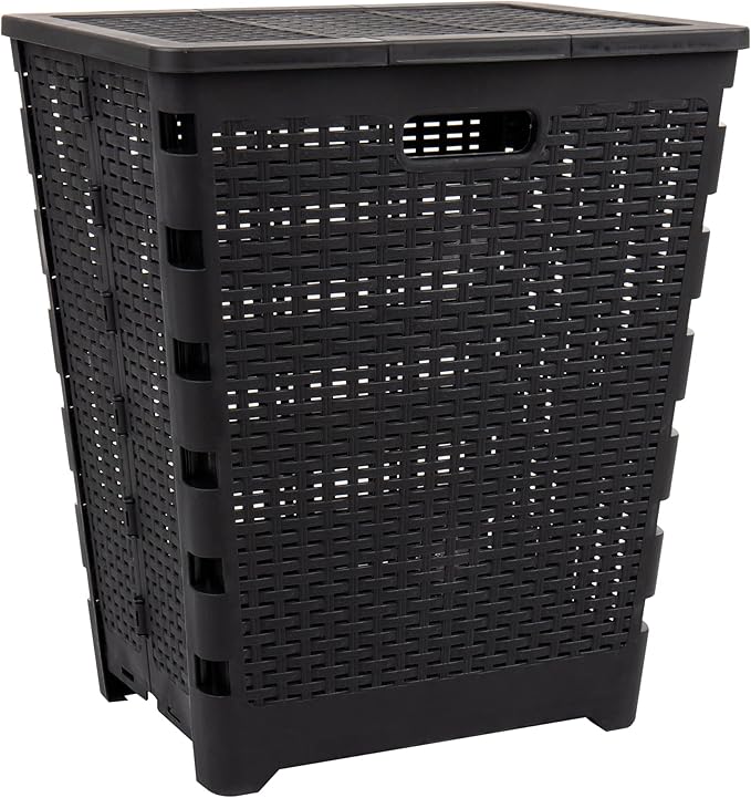 Mind Reader 61L Foldable Laundry Hamper, Clothes Basket, Lid, Wicker Design, Plastic, 18"L x 14.5"W x 21.25"H, Black