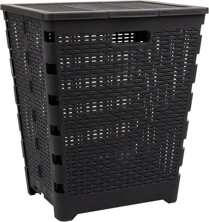 Mind Reader 61L Foldable Laundry Hamper, Clothes Basket, Lid, Wicker Design, Plastic, 18"L x 14.5"W x 21.25"H, Black