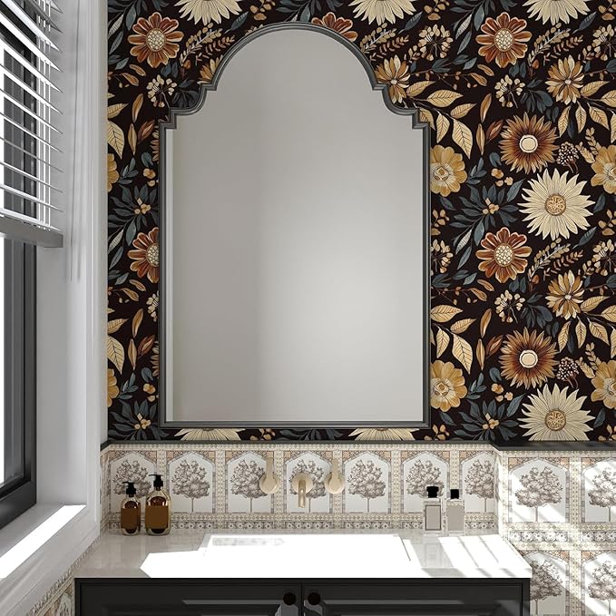 Boho Floral Wallpaper Peel and Stick, Vintage Dark Sunflower Contact Paper for Bathroom Cubicle Drawer, Retro Abstract Removable Antique Flower Wall Paper Art Decor Black Orange 17.5" x 118"