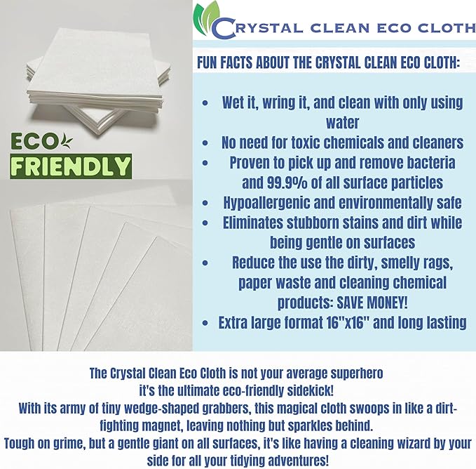 Crystal Clean Eco-Cloth Amazing Lint-Free/Streak-Free/Chemical-Free Microfiber Cloth for Windows & Glass/Mirrors Stainless Steel Appliances TV/Computer/ Tablets...5 in a Pack, White, 16''x16''