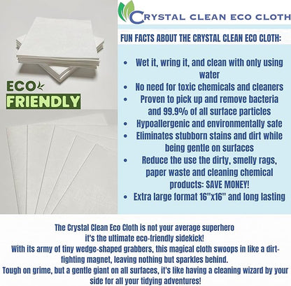 Crystal Clean Eco-Cloth Amazing Lint-Free/Streak-Free/Chemical-Free Microfiber Cloth for Windows & Glass/Mirrors Stainless Steel Appliances TV/Computer/ Tablets...5 in a Pack, White, 16''x16''