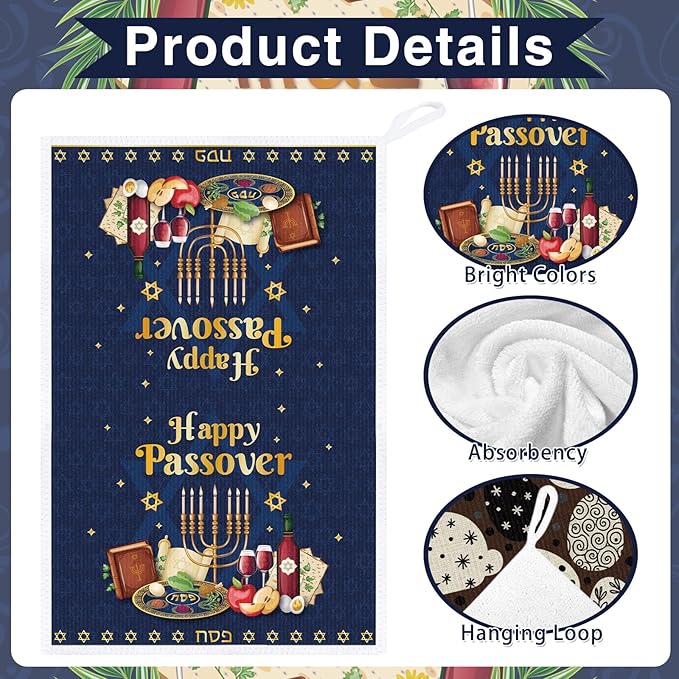 Passover Kitchen Towels Decor, Dish Towels Gifts for Cooking Cleaning Set of 4, Jewish Holiday Hand Towels with Hanging Loop for Bathroom Home