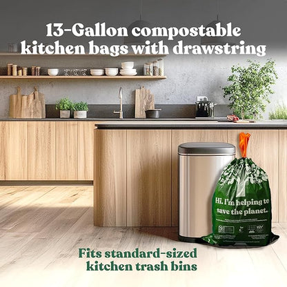 Healthy Earth 13 Gallon Compostable Drawstring Trash Bags, 1.13 Mil Extra Thick Tall Kitchen Liners (49.2 L), Heavy Duty Leak-Proof Food Scrap Bags, BPI & TÜV OK Compost Certified, 30 Count