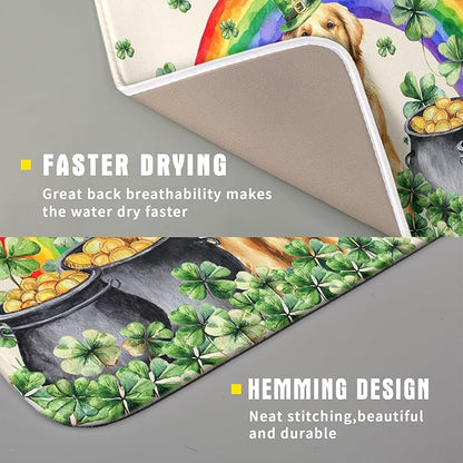 St Patricks Day Drying Mat Samll Lucky Clovers Green Kitchen Decor Counter Mats for Dog Lover