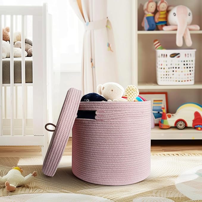Storage Basket with Lid, Woven Blanket Storage for Living Room, Soft Cotton Rope Bin with Lid, Round Wicker Laundry Basket with Cover, Lidded Kid Dog Toy Box, Nursery Organizer, 15"x13", Pink