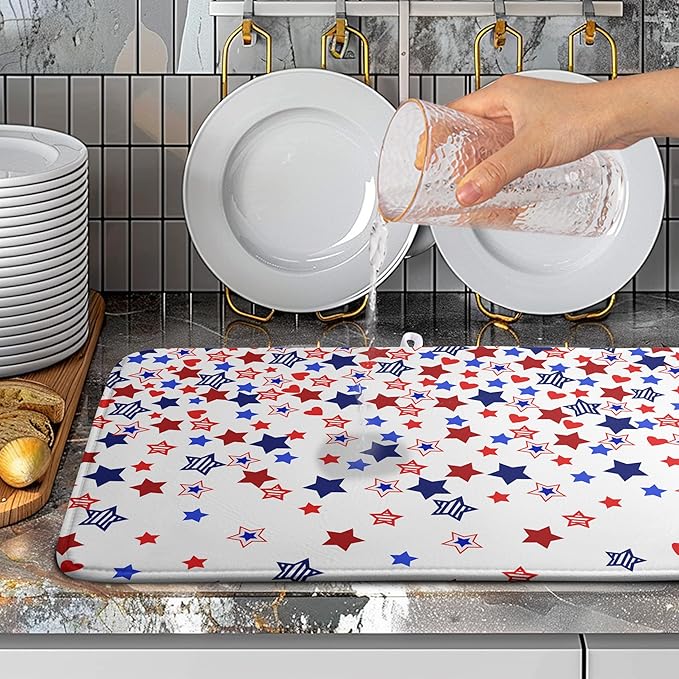 4th of July Dish Drying Mat for Kitchen Counter Patriotic Stars Dishes Drainer Mats Independence Memorial Day Microfiber Absorbent Dish Draining Pad Extra Large 18"x24"