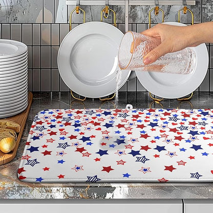 4th of July Dish Drying Mat for Kitchen Counter Patriotic Stars Dishes Drainer Mats Independence Memorial Day Microfiber Absorbent Dish Draining Pad Extra Large 18"x24"