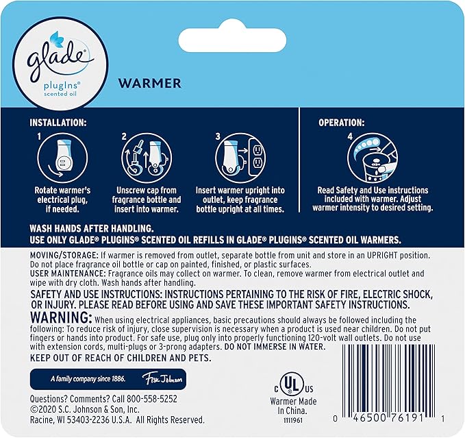 Glade PlugIns Air Freshener Warmer, Scented and Essential Oils for Home and Bathroom, Up to 70 Days on Low Setting, 2 Count