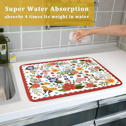 Large Microfiber Dish Drying Mat Red Floral Absorbent Drying Pad for Kitchen Counter