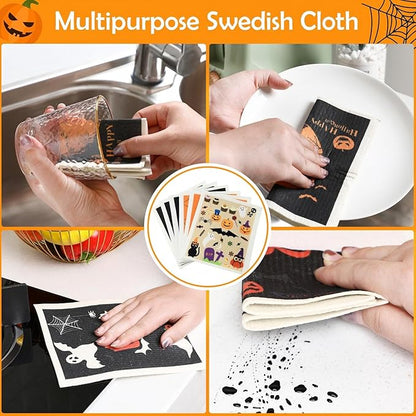 Honeydak 6 Pcs Halloween Swedish Dish Towels Ghost Pumpkin Swedish Kitchen Towels Washable Reusable Halloween Dish Cloths Witch Absorbent Fast Drying Cleaning Cloth for Home Party Decor