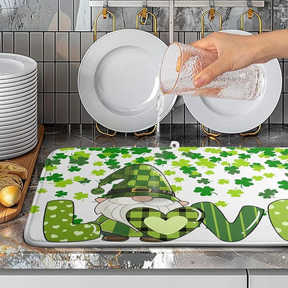 St Patrick's Day Gnomes Dish Drying Mat Shamrock Green Spring Kitchen Dish Drying Pad Absorbent Dish Dryer Mat for Kitchen Countertops Microfiber Dishes Drainer Pad Dish Drying Rack Mat (18x24 in)