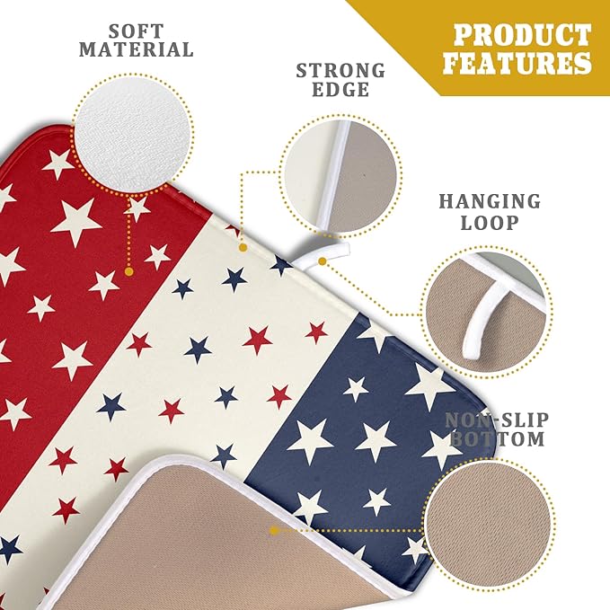 Blue Red White Star July of 4th Patriotic Dish Drying Mat for Kitchen Counter 16x18 Independence Day Absorbent Reversible Microfiber Drying Mats Kitchen Countertop Protector Dishes Drainer Rack Pad