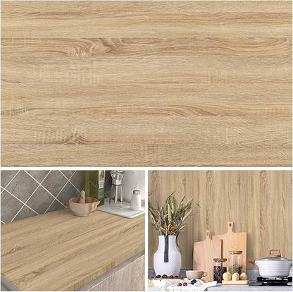 Wood Contact Paper Peel and Stick - Self Adhesive Vinyl Wrap Cabinet Wooden Oak Grain Wallpaper - Kitchen Waterproof Countertop Wall Cover Roll - Removable Covering for Counter Furniture 17.5x196.8in