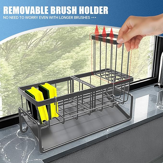 Sponge Holder for Kitchen Sink Caddy，Sink Caddy Organizer with High Brush Holder Adjustable Divider, Tilted Drain Pan, Multifunctional for Home Decor Accessories (Grey)