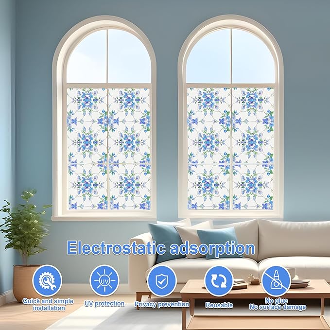 Frosted Glass Window Film, Heat Insulation, UV Block, Anti-Glare, One Way Privacy Tint, Static Cling for Home Bathroom Door, Renter Friendly, Day & Night Privacy